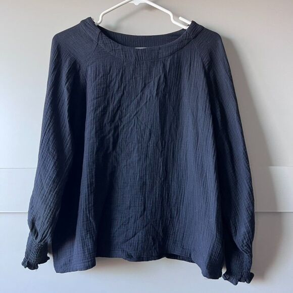 Gauze Long Sleeve Top Women Small Black Cotton Soft Lagenlook Minimalist Classic - Picture 1 of 10